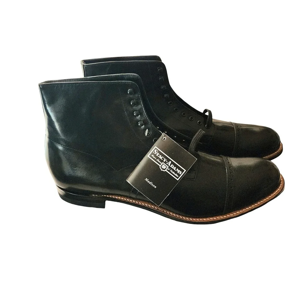 Stacy Adams Madison 15D NWB Blk Kidskin Leather Cap Toe Dress Boot Polished Chic